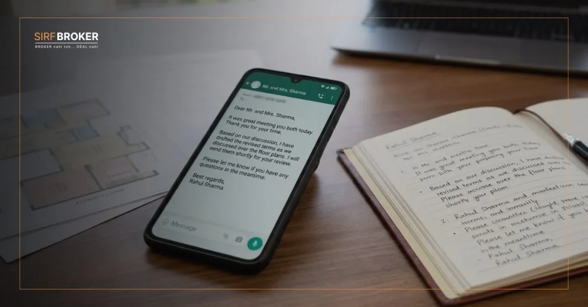 Real estate broker follow-up process shown through WhatsApp message, client notes and organised property communication.