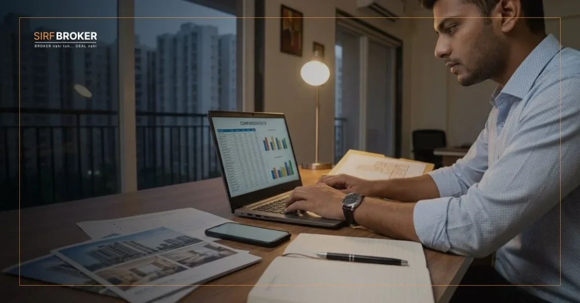 Property comparison process shown through broker analysing multiple listings, prices and features for better client decision-making.
