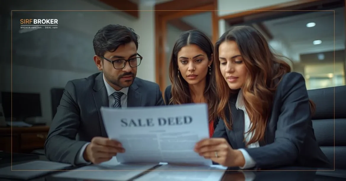 Property registration process in India explained through broker and buyer reviewing sale deed and legal documents.