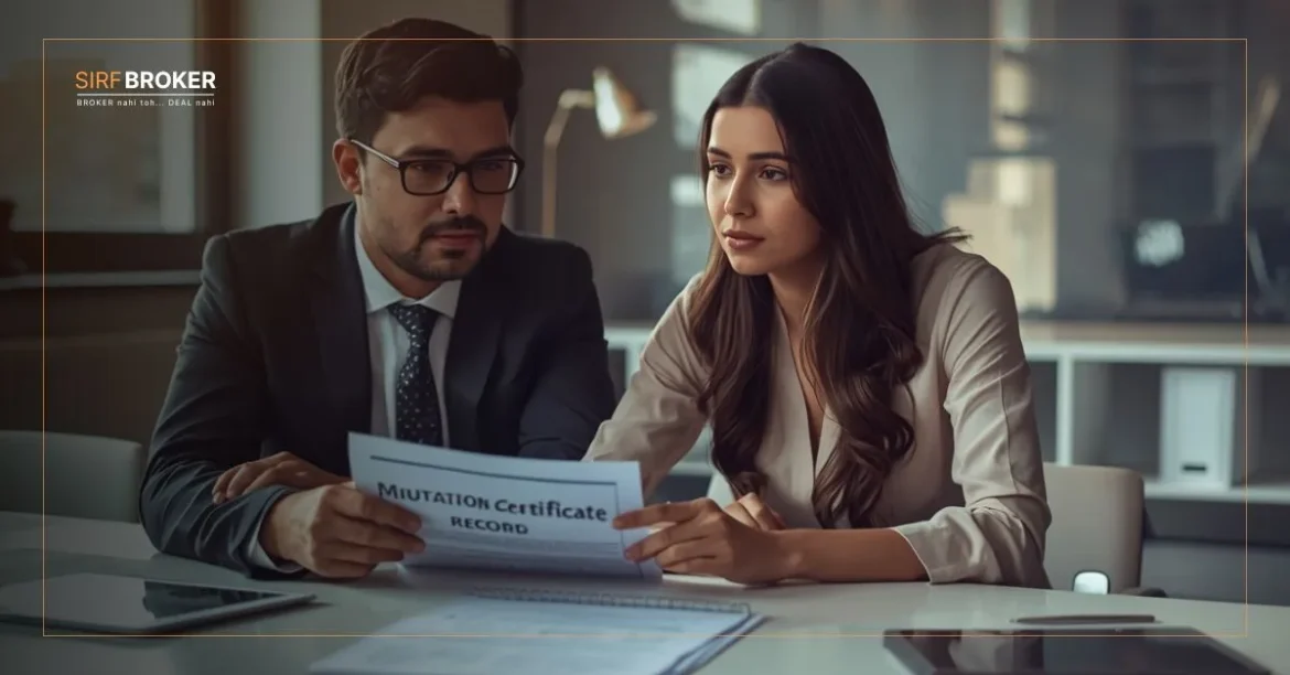 Property mutation process explained through broker and buyer reviewing ownership transfer documents after registration.
