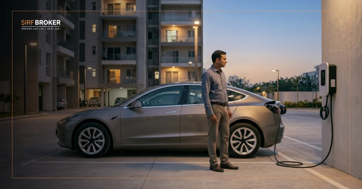 Real estate broker assessing EV charging infrastructure as a new parking requirement in residential projects.