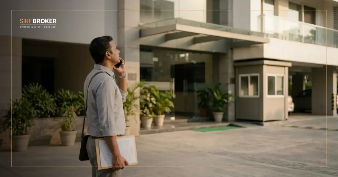 Commercial real estate broker standing outside an office building during property verification before a site visit.