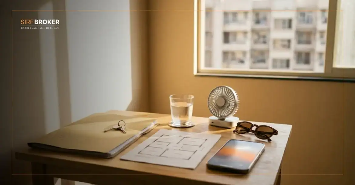 Broker and buyer in an Indian apartment during a harsh summer afternoon, checking west-wall heat and ventilation near a window.