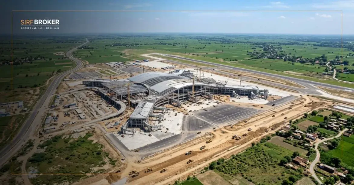 Aerial view of construction at Noida International Airport Jewar with Yamuna Expressway corridor residential development in background 2026