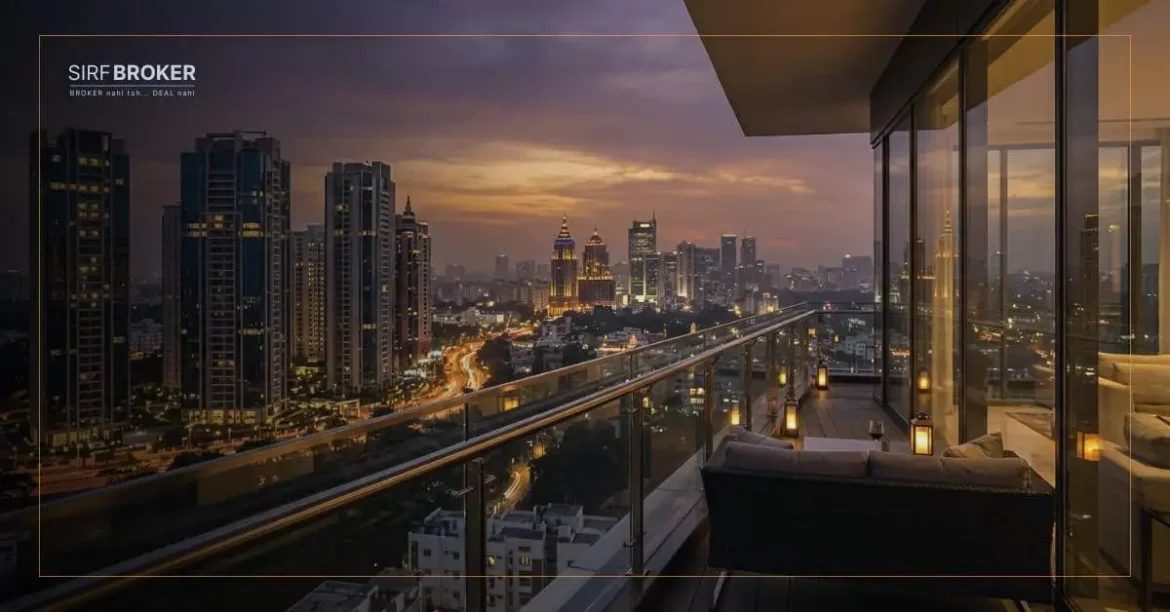 Bengaluru luxury residential skyline at dusk from a high-rise terrace, representing the city's jump to 8th in the Knight Frank Prime International Residential Index 2026 with 9.4% luxury price growth