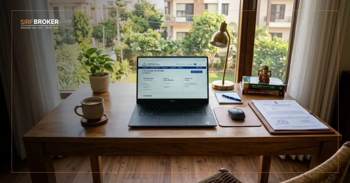 A photorealistic wide-format photograph capturing an organized wooden desk in a warm, naturally lit home study in Faridabad, India. On the neat desk sits an open laptop displaying the official Government of India Income Tax e-filing portal (visible text: 'Welcome Ravi Sharma', 'AY 2026-27'), an artisanal ceramic cup of hot masala chai with a spoon on a wooden coaster, and a detailed, stamped Property Registration Document (with government seals and titles in Hindi/English). The desk faces a large window revealing lush greenery, neighboring Indian residential buildings, and warm afternoon light. The scene includes a potted plant, books, and no people or text overlays.